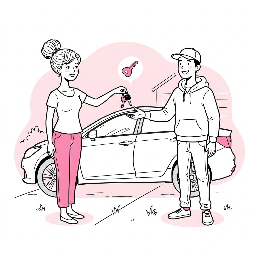 Person waving next to a car in their driveway